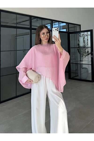 LİNDALİNA TEKSTİL Kadın Bol Rahat Kalıp Yazlık İnce Sifon Pelerin Bluz