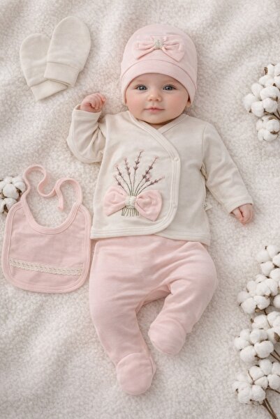 Pure Boutique Σετ νεογέννητου 5 τεμαχίων, κρεμ ροζ, βαμβακερό, μπλούζα, παντε...