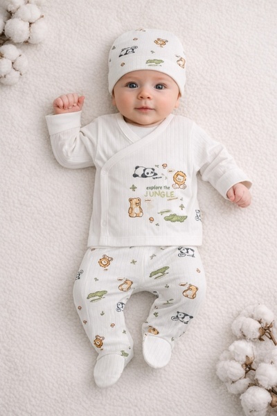 Pure Boutique Σετ νεογέννητου 3 τεμαχίων, λευκό βαμβακερό, με ζωάκια της ζούγ...