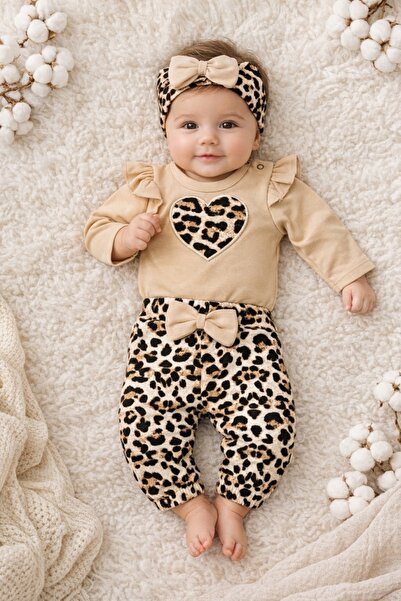 Pure Boutique Set bebe 3 piese body pantaloni bentita leopard bej inimioara b...
