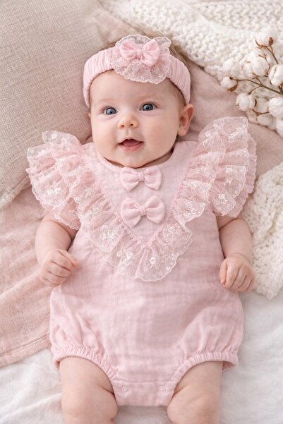 Pure Boutique Baby girl's jumpsuit, elegant pink muslin, ruffles, lace, headb...