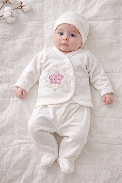 Pure Boutique Set nou nascut 3 piese bumbac alb cu coronita roz body pantalon...