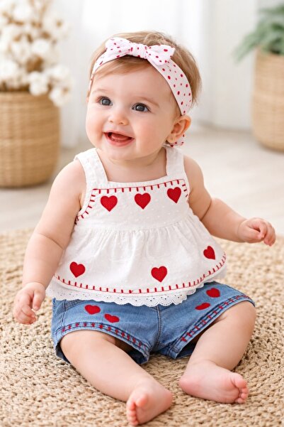 Pure Boutique Βρεφικό καλοκαιρινό σετ, λευκή μπλούζα, κόκκινες καρδιές, τζιν ...