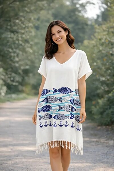 ELİTE NOVA SHOPPİNG أورجانيك بامبو منسوج %100 قطن باريو - فستان شاطئ فضفاض بم...