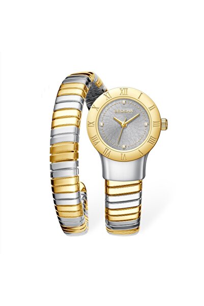Brosha ساعة (BROSHA) نسائية بتصميم الثعبان الأيقوني لون ذهبي وفضي مصممه لتتحم...