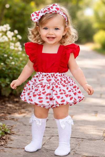 ŞAPKAKİDS Girl's Watermelon Pattern Ruffled Slopet Bandana White Fishnet Sock...