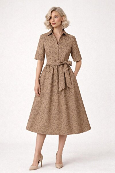 ALYEL NAKER Short Sleeve & Midi Length Brocade Shirt Dress