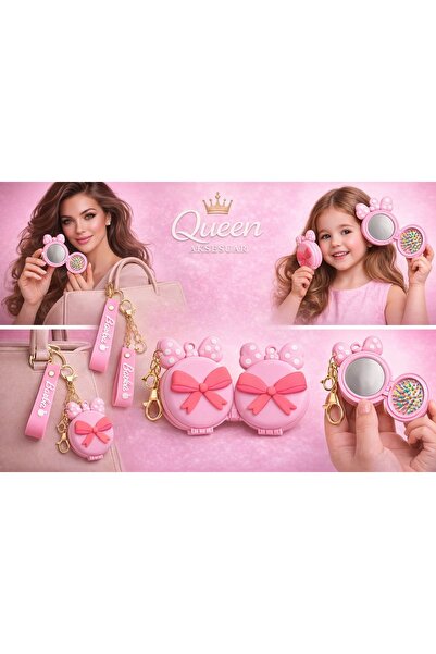 QUEEN AKSESUAR 10cm Mirror Folding Cover Comb Keychain Pink Bow Silicone Bag ...