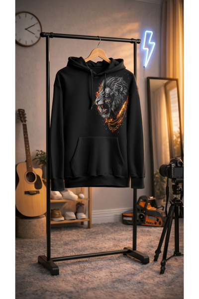 MODEX STYLE Unisex Black Oversize Lion Back Print 100% Cotton 3 Thread Premiu...