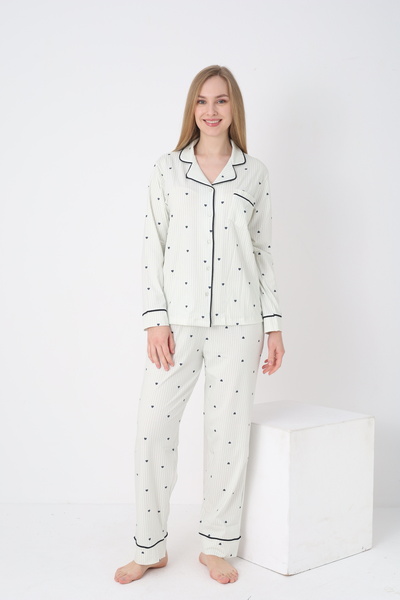 Su Yeşili Kalp ve Çizgi Desenli Pijama Takımı