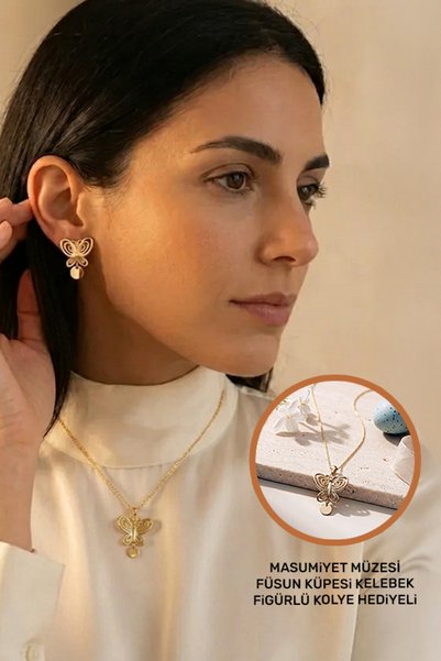 Bijuty Innocence Füsun Earring - Steel Necklace with Gift - Innocence Museum Butterfly Earring and Necklace Set