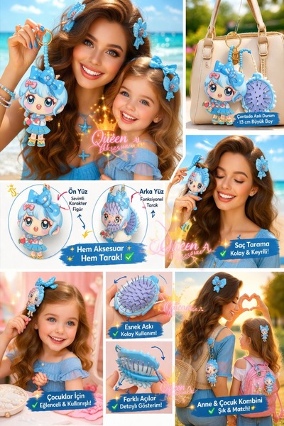 QUEEN AKSESUAR 2-in-1 Cute Anime Girl Character Hanging Comb Keychain Bag Orn...