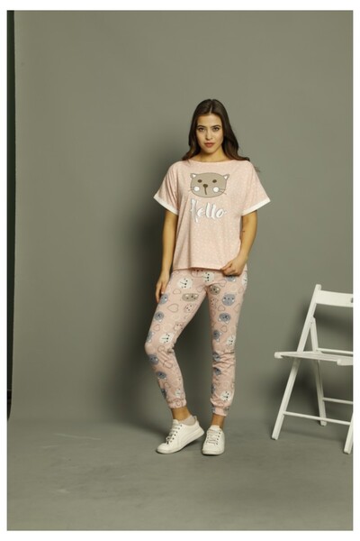 Serena Дамска памучна пижама с щампа  "Hello ", къси ръкави и дълъг панталон