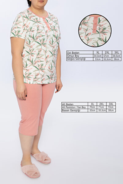 FREENİGHT Women's pink pajamas, cotton, leaf print, t-shirt, 3/4 pants