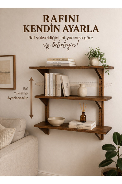 Woodymoda Ayarlanabilir Raflı Masif Ahşap Duvar Rafı – 80x14x80 cm | Doğal Ça...