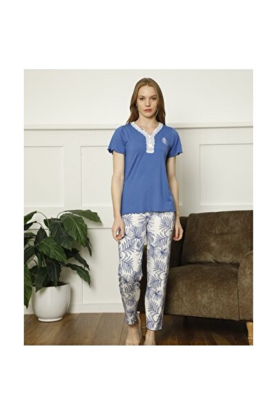 BOYRAZ Γυναικείο σετ πιτζάμας με στάμπα φύλλων, κοντομάνικη μπλούζα και μακρύ...