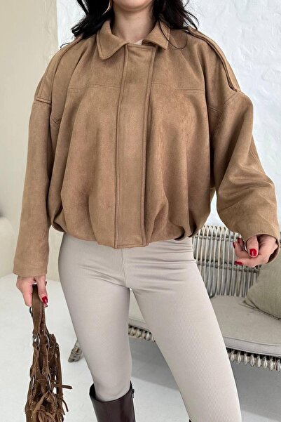 PRİFALDİ Premium Oversize Ecru Suede Bomber Jacket