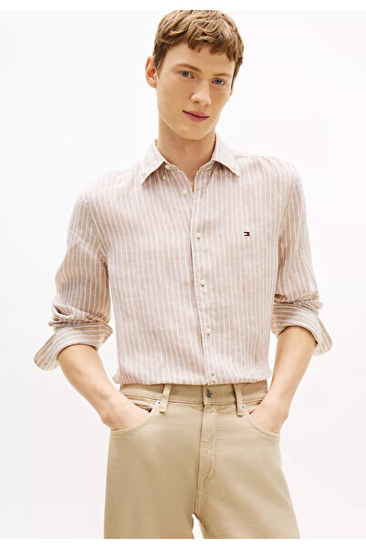 Tommy Hilfiger Men's Regular Fit Striped Logo Flag Embroidered Pure Linen Bro...