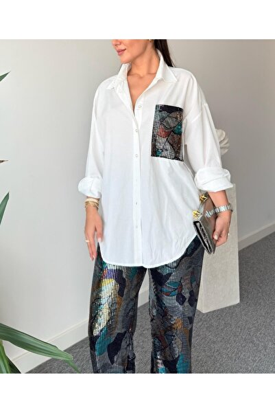 Lavanta Tekstil Set cămașă și pantaloni albi cu detaliu de paiete colorate pe...