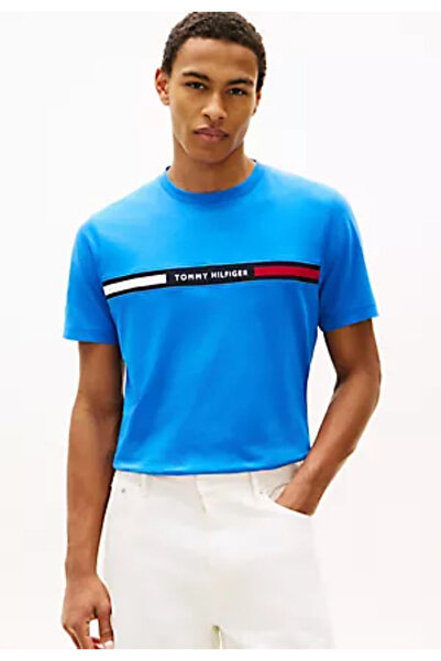 Tommy Hilfiger Erkek Göğsü Şerit Detaylı Bisiklet Yaka Kısa Kollu Mavi T-Shirt