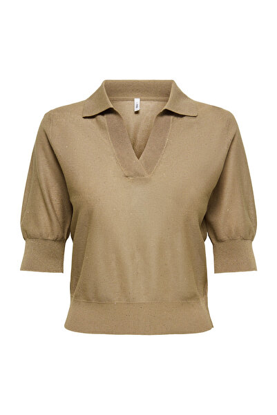 ONLY Shirt Collar Regular Plain Light Brown Women's Sweater Onlane Ss Sequins...