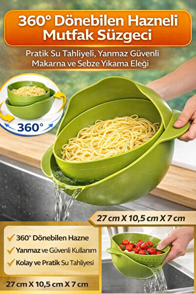 Hane Dostu 360° Dönebilen Hazneli Mutfak Süzgeci – Pratik Su Tahliyeli, Yanma...