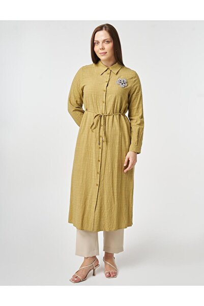 Kayra İşleme Detaylı Gofreli Tunik Yağ Yeşili