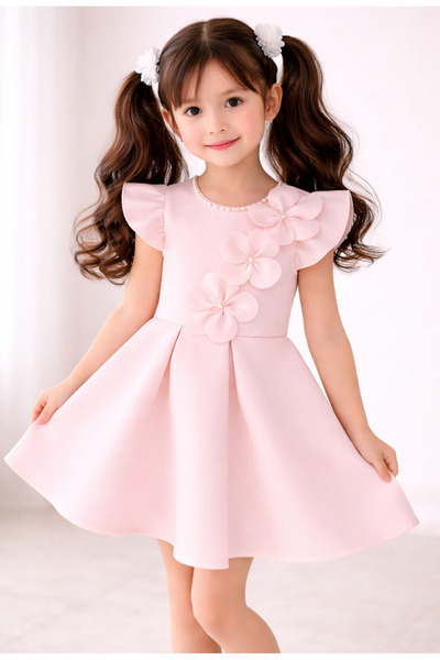 SOFYELLA Κοριτσίστικο φόρεμα σε ροζ πούδρα με ειδικό σχέδιο και λεπτομέρεια λ...