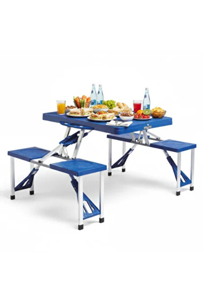 JollyMag Set de mobilier pliabil, masă pliabilă albastră și 2 bănci pliabile,...