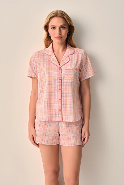 SUWEN Σετ πιτζάμες με βαμβακερό πουκάμισο και σορτς με γιακά Lily