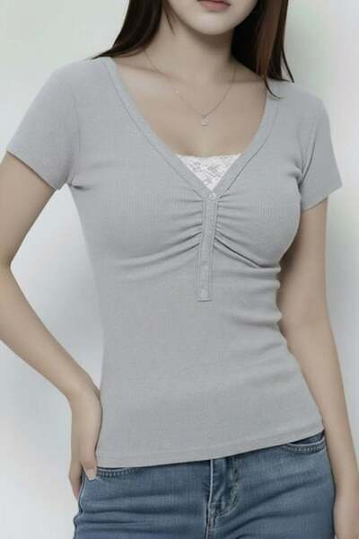 Köstebek Bluză de damă gri, cu dantelă, cu nasturi în față