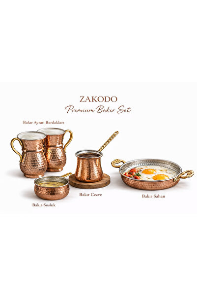 ZAKODO Bakır Kahvaltı Mutfak Seti - 5 Parça El Dövme(Sahan Tava-Cezve-Sosluk-...