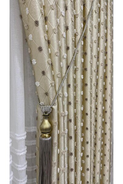 Fon Dünyası Linen Textured Cream Pompom Panel Background Curtain (Single Panel)