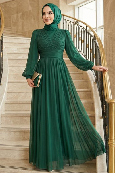 N.S NEVA STYLE Drapeli Green Hijab Evening Dress 46321Y
