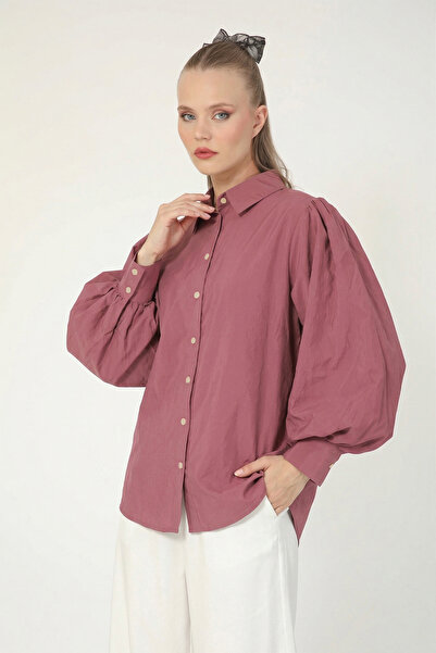 Suede Style 8199 - Stylish Comfortable Peach Balloon Sleeve Shirt