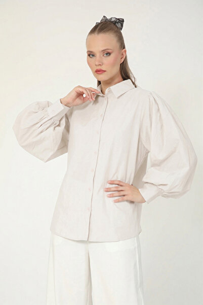Suede Style 8199 - Stylish Comfortable Peach Balloon Sleeve Shirt