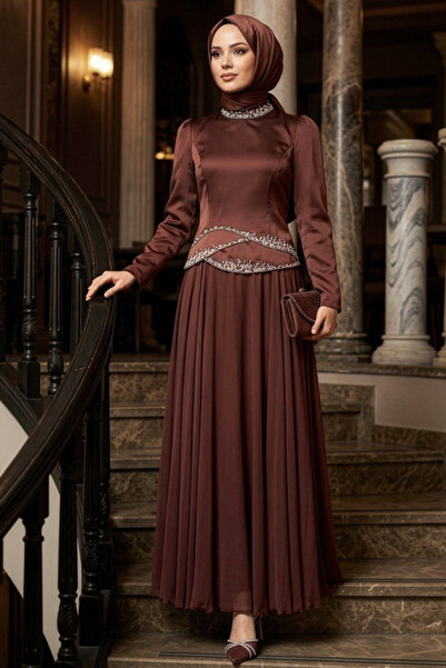 N.S NEVA STYLE فستان سهرة بني مزين بالخرز للحفلات الإسلامية 55991KH