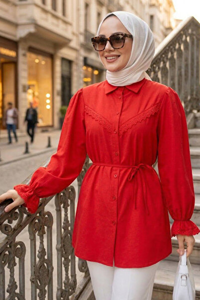N.S NEVA STYLE Lace Detailed Red Hijab Tunic 30341K