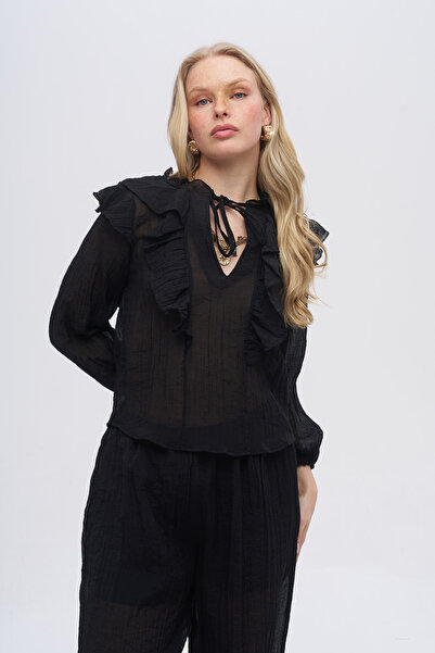 Orfeo Negro Women's Ruffled and Collar-Tied Flowy Sheer Blouse