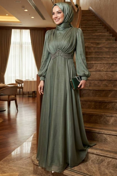 N.S NEVA STYLE Beaded Detailed Green Hijab Evening Dress 4876Cy