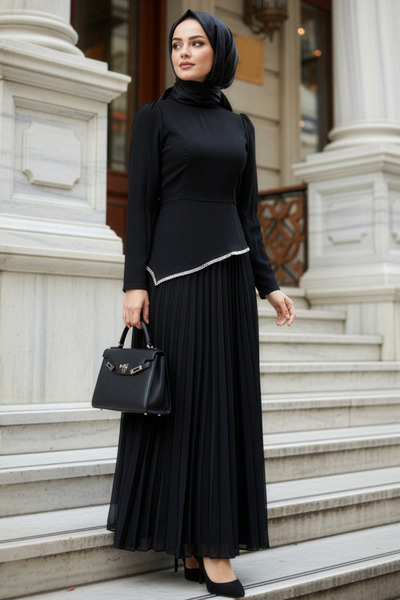 N.S NEVA STYLE Πλισέ Μαύρο Βραδινό Φόρεμα Τεσεττούρ 47701S