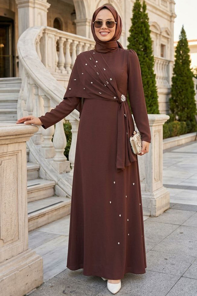N.S NEVA STYLE فستان سهرة بني بتفاصيل عباءة 56101KH
