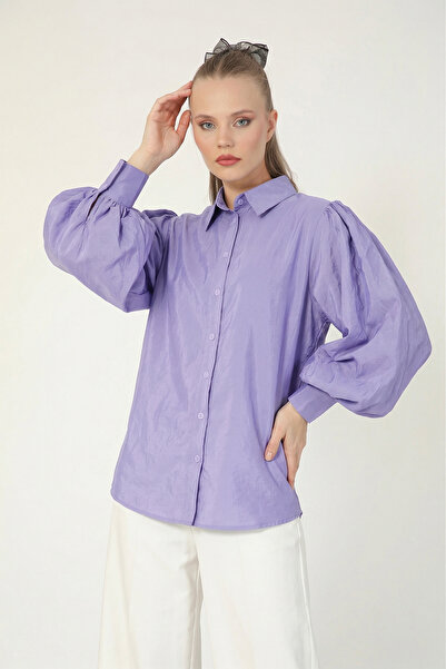 Suede Style 8199 - Stylish Comfortable Peach Balloon Sleeve Shirt