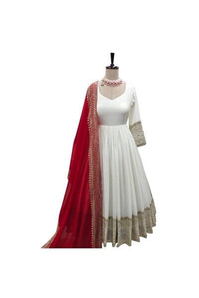 MYSMAR White Chinnon Silk Gown Pant & Dupatta Set - HRT4500 | White - XL