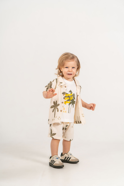 JNF kids Baby Boy Summer Palm Patterned Muslin Shirt Shorts 3-Piece Set