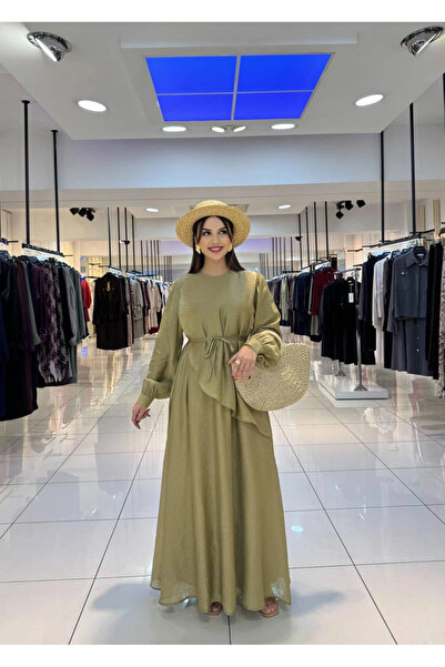 Butik Yağ Yeşili Belden Bağlamalı Liosel Kumaş Elbise Modelimiz