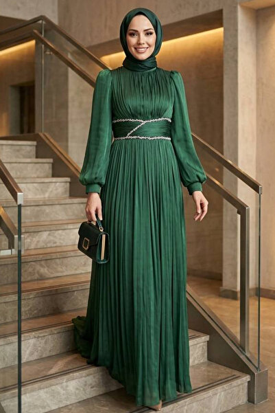 N.S NEVA STYLE Green Hijab Evening Dress with Drape Detail 54041Y