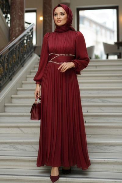 N.S NEVA STYLE Drape Detailed Burgundy Hijab Evening Dress 54041Br