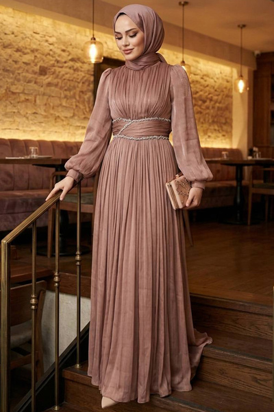 N.S NEVA STYLE Drape Detailed Taba Hijab Evening Dress 54041Tb