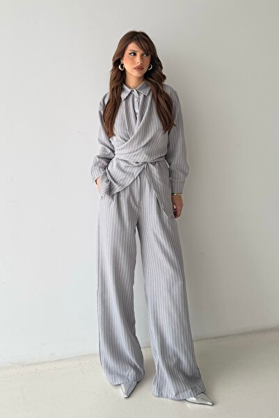 BEJNA Women's Striped Double-Breasted Top and Bottom Set with Tie Detail